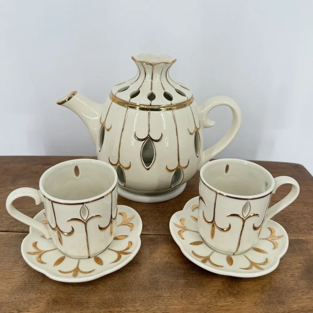 VTG 90s PartyLite Tea For Two Candle Holder Porcelain Teapot 2 Saucers Gold Trim - Picture 1 of 14